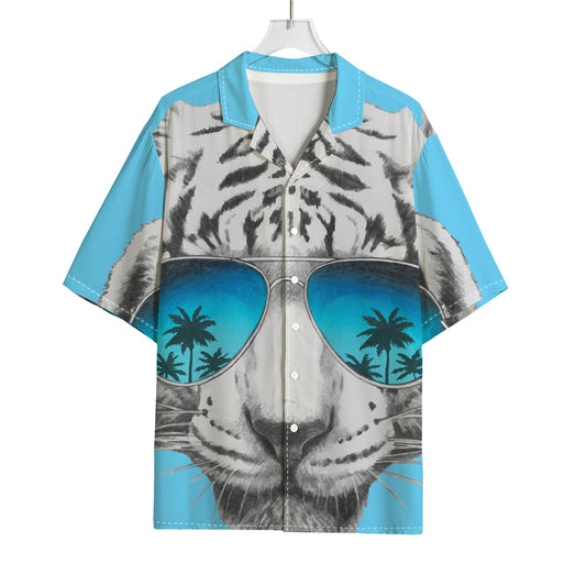 White Tiger With Sunglasses Print Rayon Hawaiian Shirt