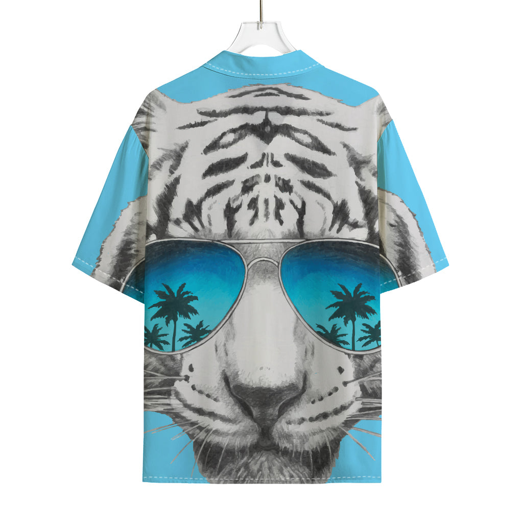 White Tiger With Sunglasses Print Rayon Hawaiian Shirt