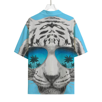White Tiger With Sunglasses Print Rayon Hawaiian Shirt