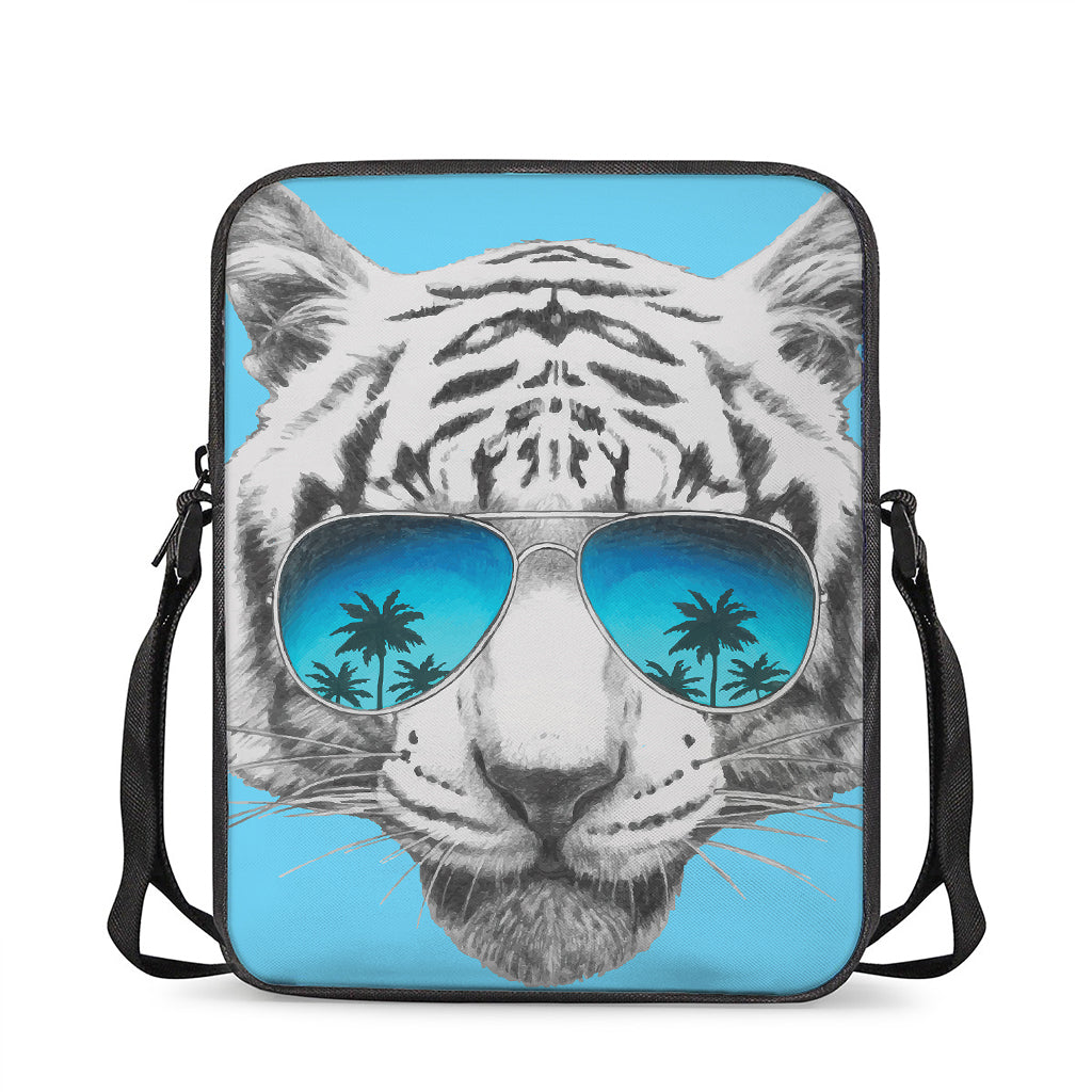 White Tiger With Sunglasses Print Rectangular Crossbody Bag