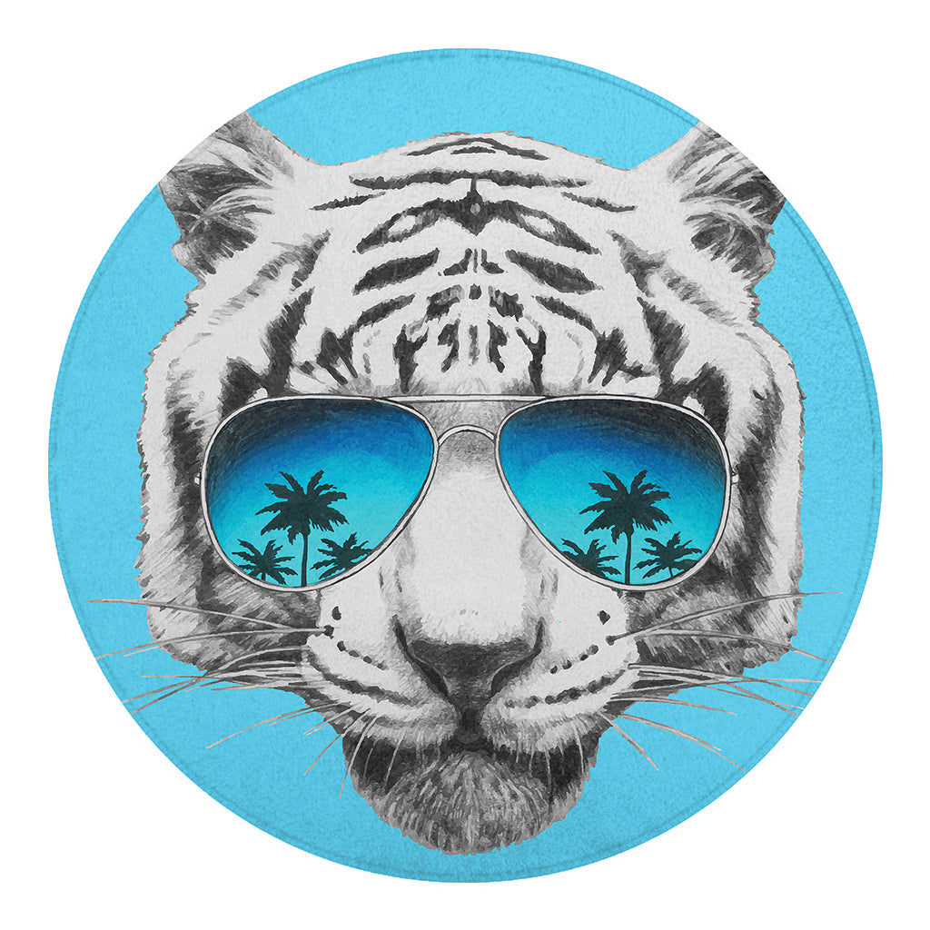White Tiger With Sunglasses Print Round Blanket