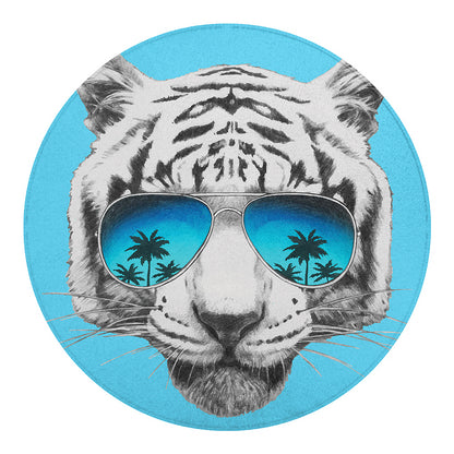 White Tiger With Sunglasses Print Round Blanket