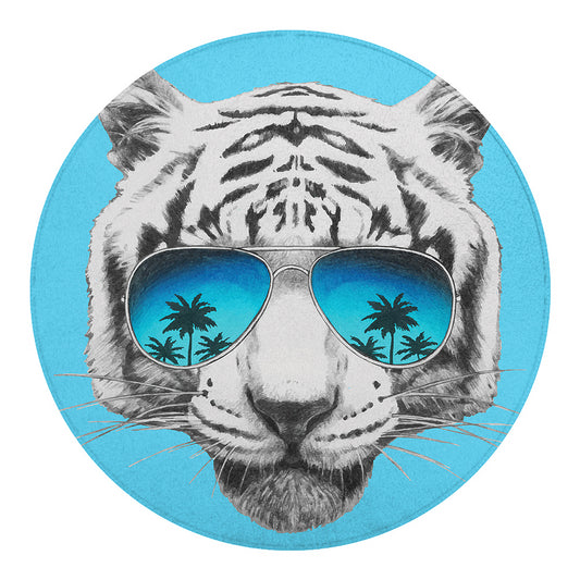 White Tiger With Sunglasses Print Round Blanket