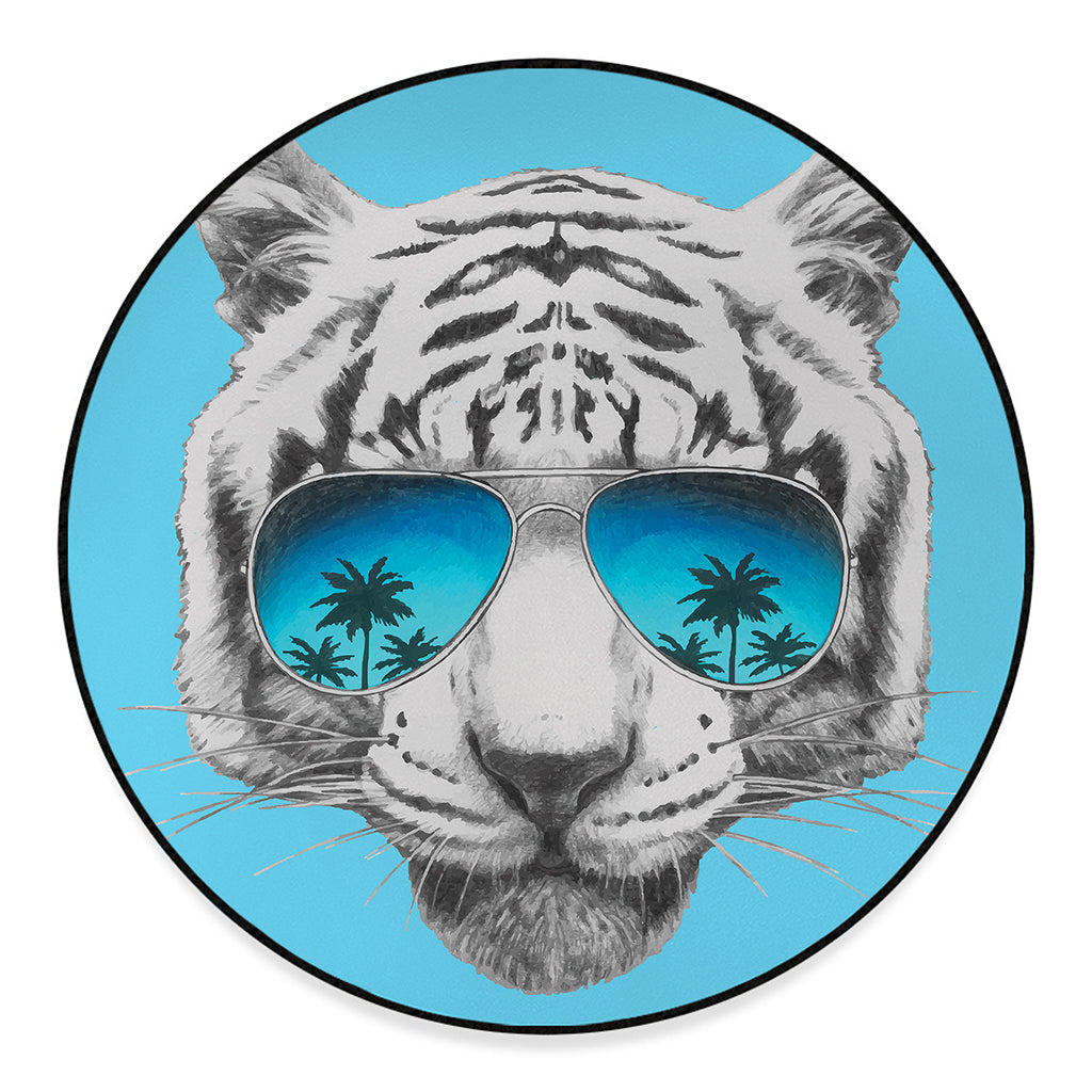 White Tiger With Sunglasses Print Round Floor Mat