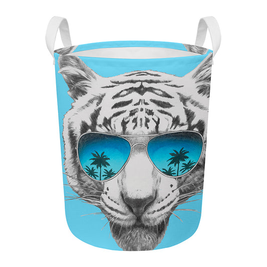 White Tiger With Sunglasses Print Round Laundry Basket