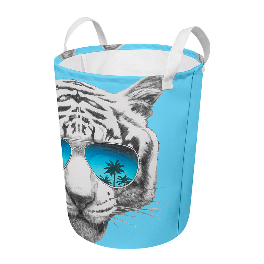 White Tiger With Sunglasses Print Round Laundry Basket