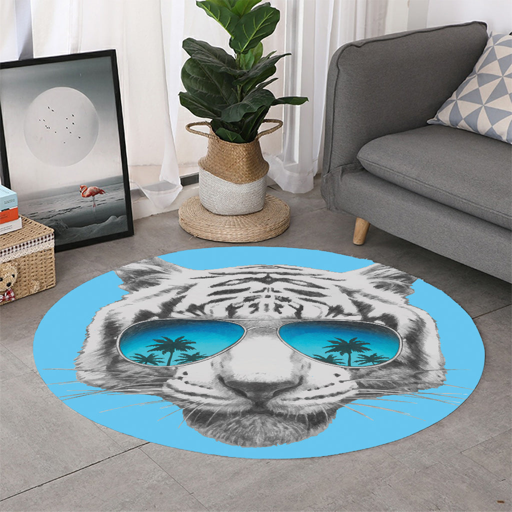 White Tiger With Sunglasses Print Round Rug