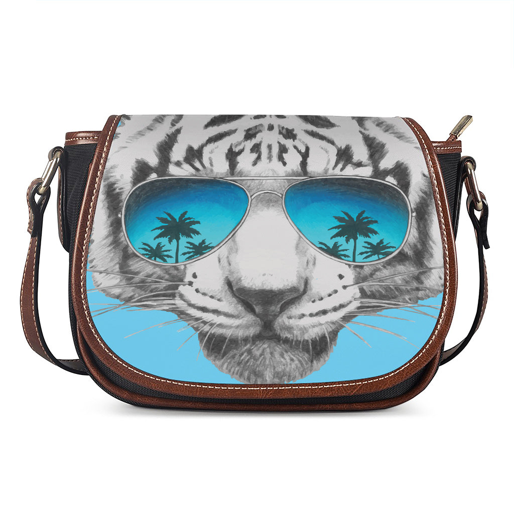 White Tiger With Sunglasses Print Saddle Bag
