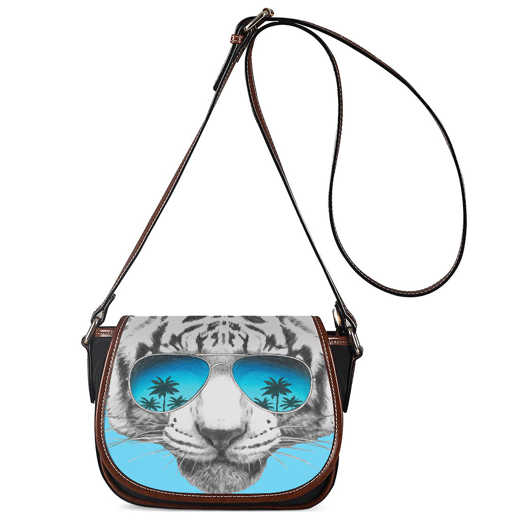 White Tiger With Sunglasses Print Saddle Bag