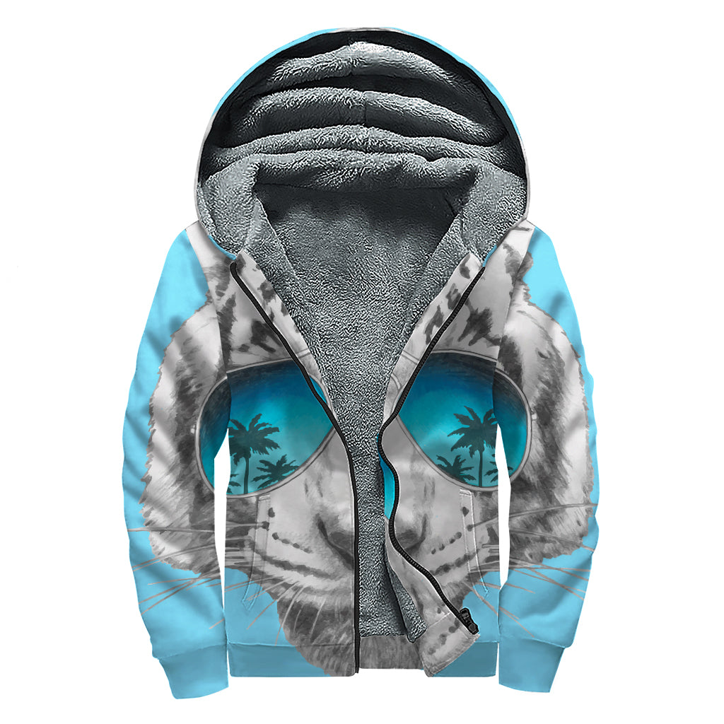 White Tiger With Sunglasses Print Sherpa Lined Zip Up Hoodie