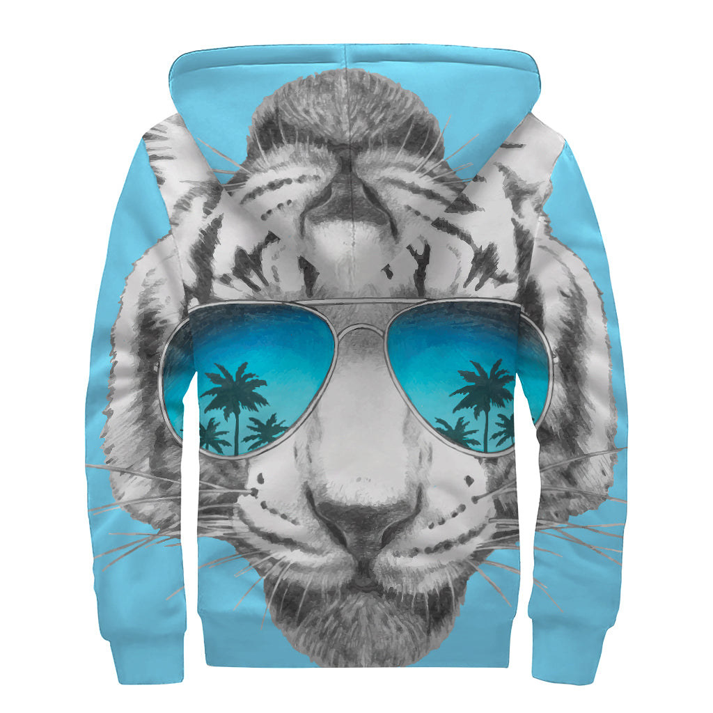 White Tiger With Sunglasses Print Sherpa Lined Zip Up Hoodie