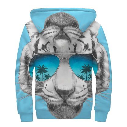 White Tiger With Sunglasses Print Sherpa Lined Zip Up Hoodie
