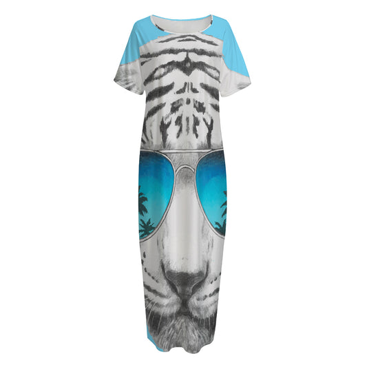 White Tiger With Sunglasses Print Short Sleeve Long Nightdress