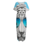 White Tiger With Sunglasses Print Short Sleeve Long Nightdress