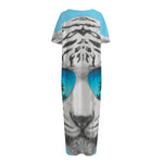 White Tiger With Sunglasses Print Short Sleeve Long Nightdress