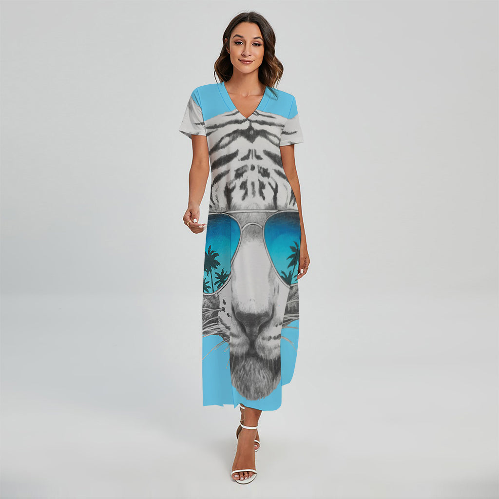 White Tiger With Sunglasses Print Short Sleeve Maxi Dress
