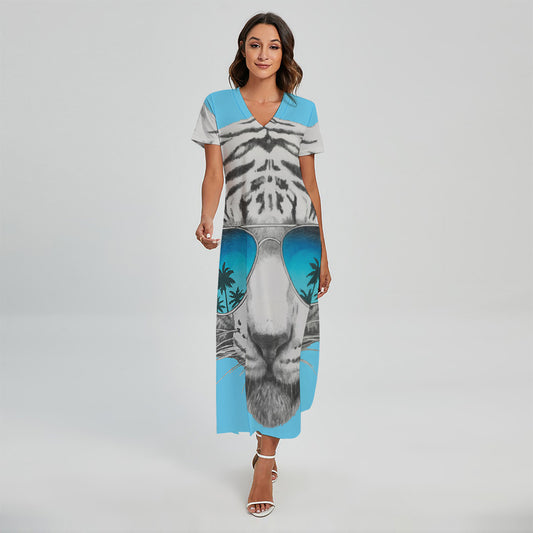 White Tiger With Sunglasses Print Short Sleeve Maxi Dress