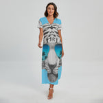 White Tiger With Sunglasses Print Short Sleeve Maxi Dress