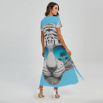White Tiger With Sunglasses Print Short Sleeve Maxi Dress