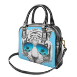 White Tiger With Sunglasses Print Shoulder Handbag