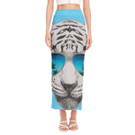 White Tiger With Sunglasses Print Side Slit Maxi Skirt