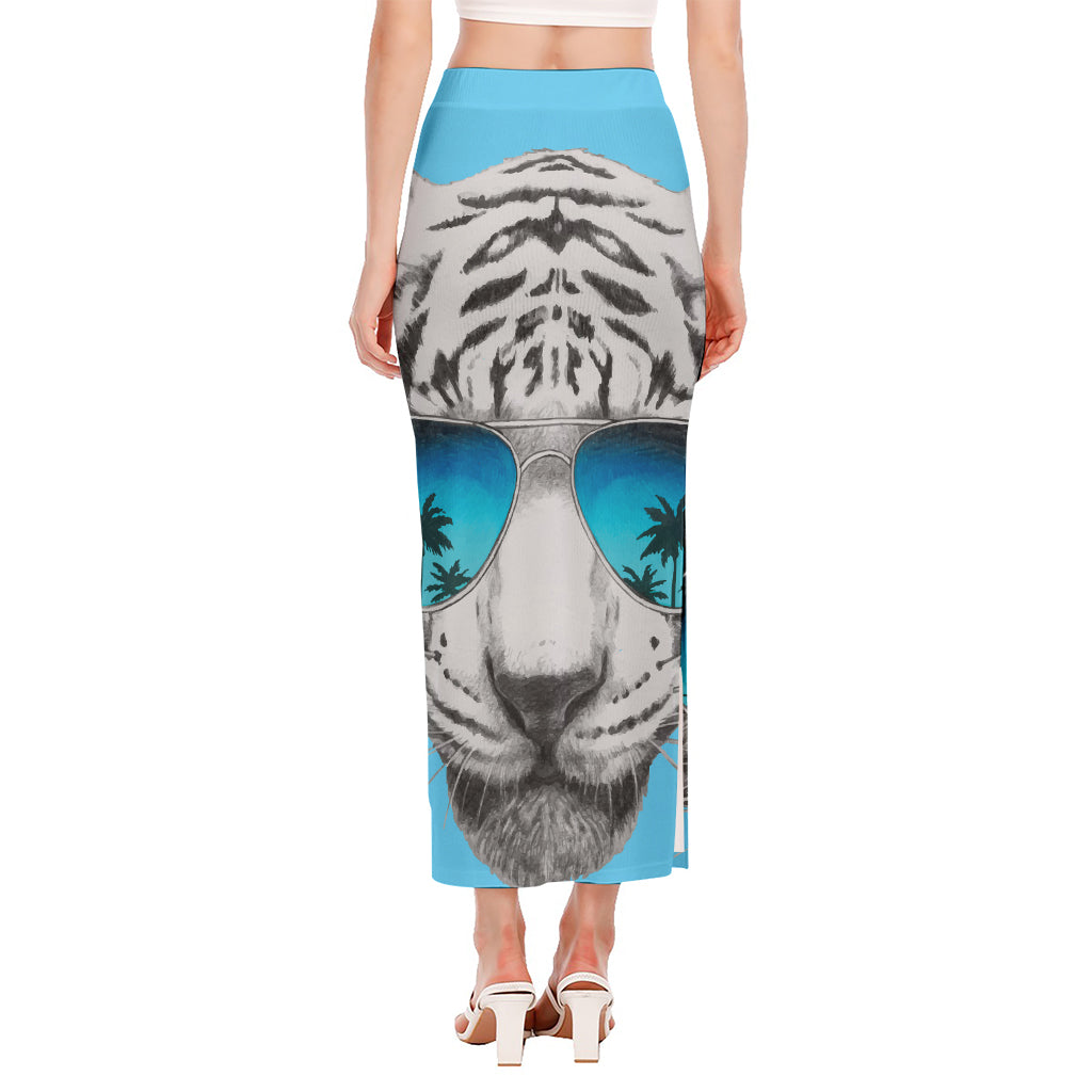 White Tiger With Sunglasses Print Side Slit Maxi Skirt