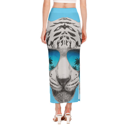 White Tiger With Sunglasses Print Side Slit Maxi Skirt