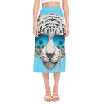 White Tiger With Sunglasses Print Side Slit Midi Skirt