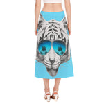White Tiger With Sunglasses Print Side Slit Midi Skirt
