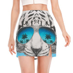 White Tiger With Sunglasses Print Side Slit Mini Skirt