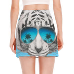 White Tiger With Sunglasses Print Side Slit Mini Skirt