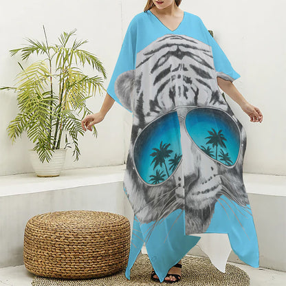 White Tiger With Sunglasses Print Silk V-Neck Kaftan Dress