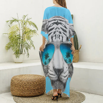 White Tiger With Sunglasses Print Silk V-Neck Kaftan Dress