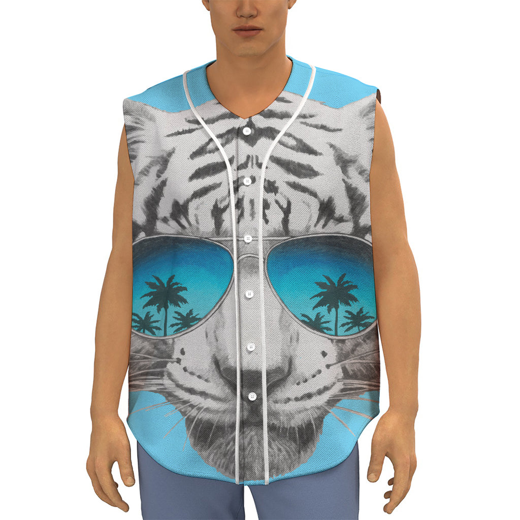White Tiger With Sunglasses Print Sleeveless Baseball Jersey