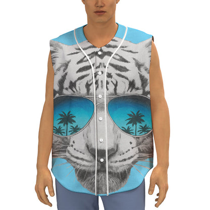 White Tiger With Sunglasses Print Sleeveless Baseball Jersey