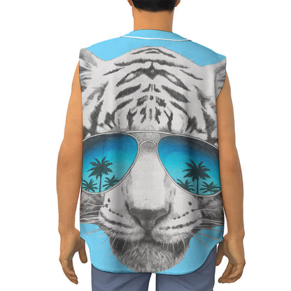 White Tiger With Sunglasses Print Sleeveless Baseball Jersey