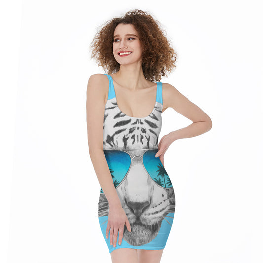White Tiger With Sunglasses Print Sleeveless Bodycon Dress
