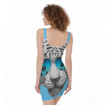 White Tiger With Sunglasses Print Sleeveless Bodycon Dress