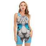 White Tiger With Sunglasses Print Sleeveless One Piece Swimsuit