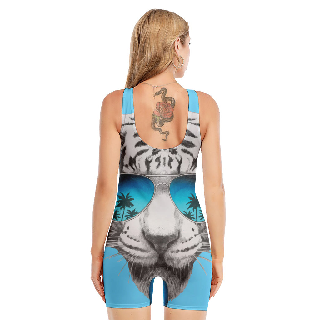 White Tiger With Sunglasses Print Sleeveless One Piece Swimsuit
