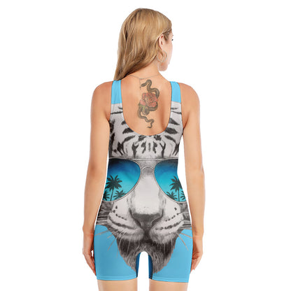 White Tiger With Sunglasses Print Sleeveless One Piece Swimsuit