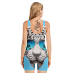 White Tiger With Sunglasses Print Sleeveless One Piece Swimsuit