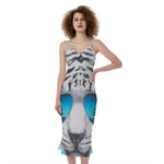 White Tiger With Sunglasses Print Slim Fit Midi Cami Dress