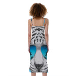 White Tiger With Sunglasses Print Slim Fit Midi Cami Dress