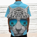 White Tiger With Sunglasses Print Textured Short Sleeve Shirt