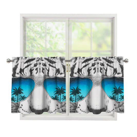 White Tiger With Sunglasses Print Tier Curtains