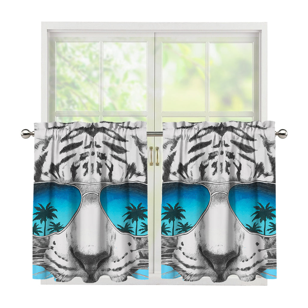 White Tiger With Sunglasses Print Tier Curtains