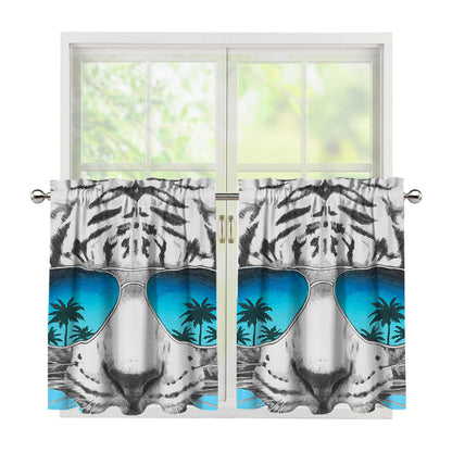 White Tiger With Sunglasses Print Tier Curtains