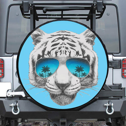 White Tiger With Sunglasses Print Tire Cover