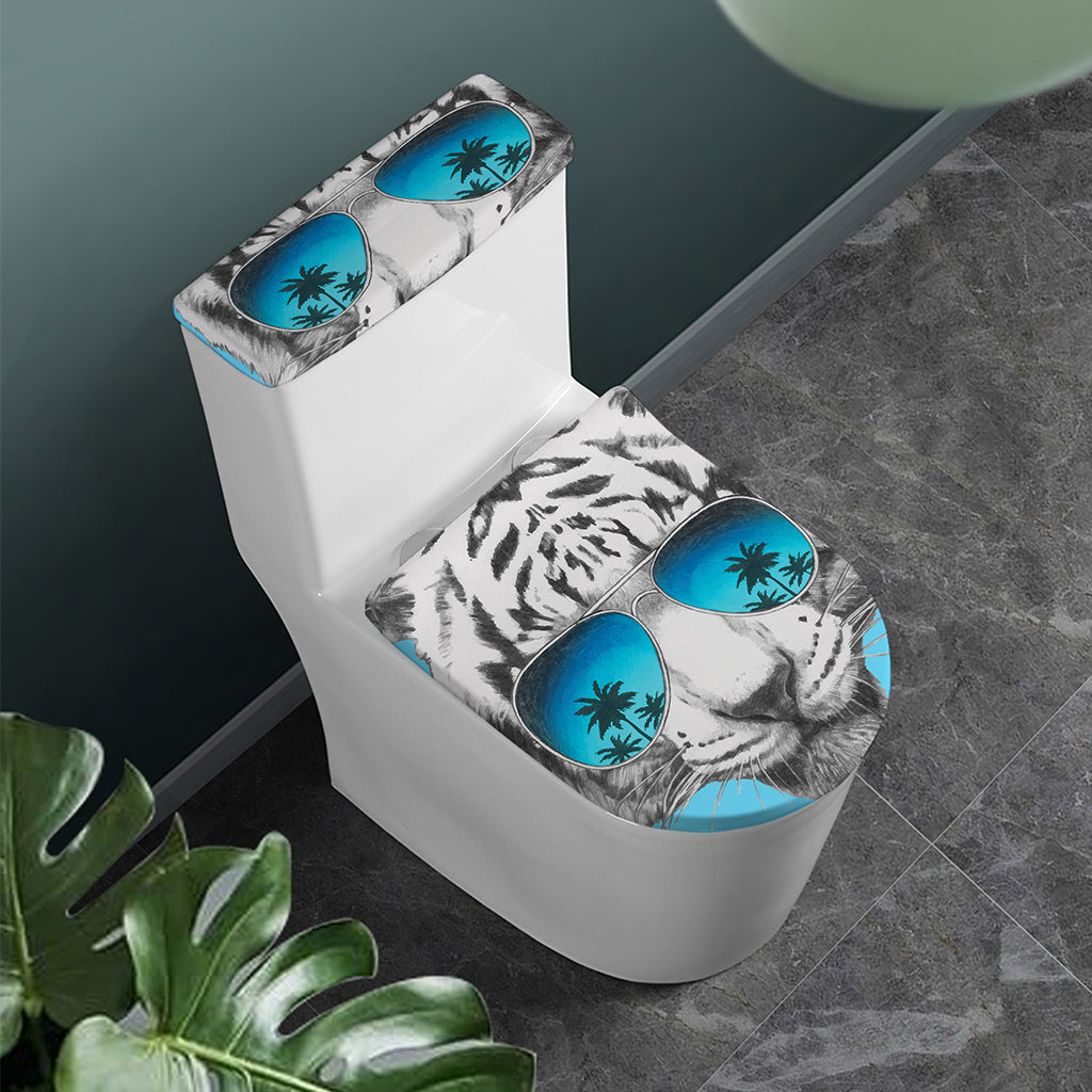 White Tiger With Sunglasses Print Toilet Lid And Tank Cover Set